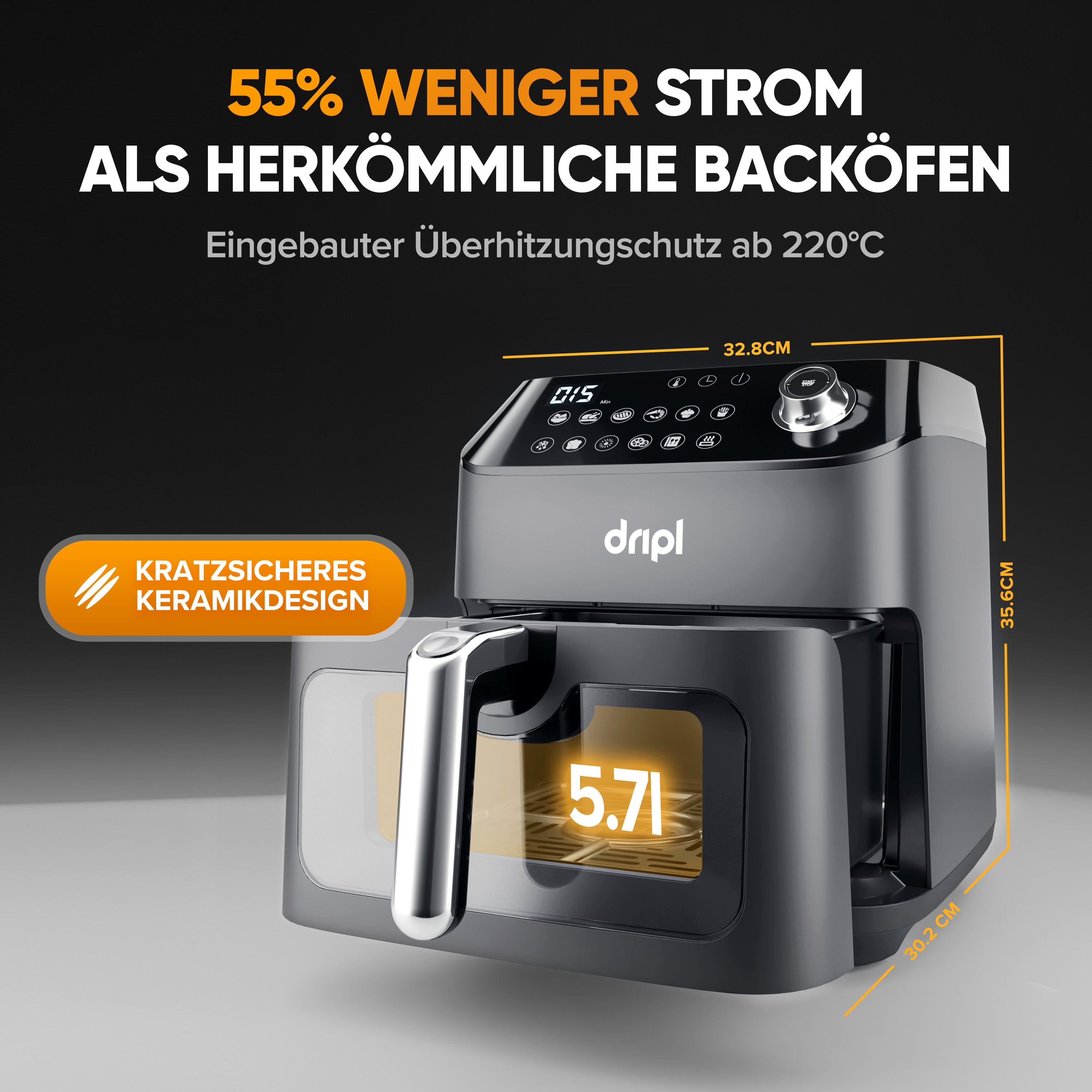 Dripl Heteluchtfriteuse 5,7L met LCD Touchscreen